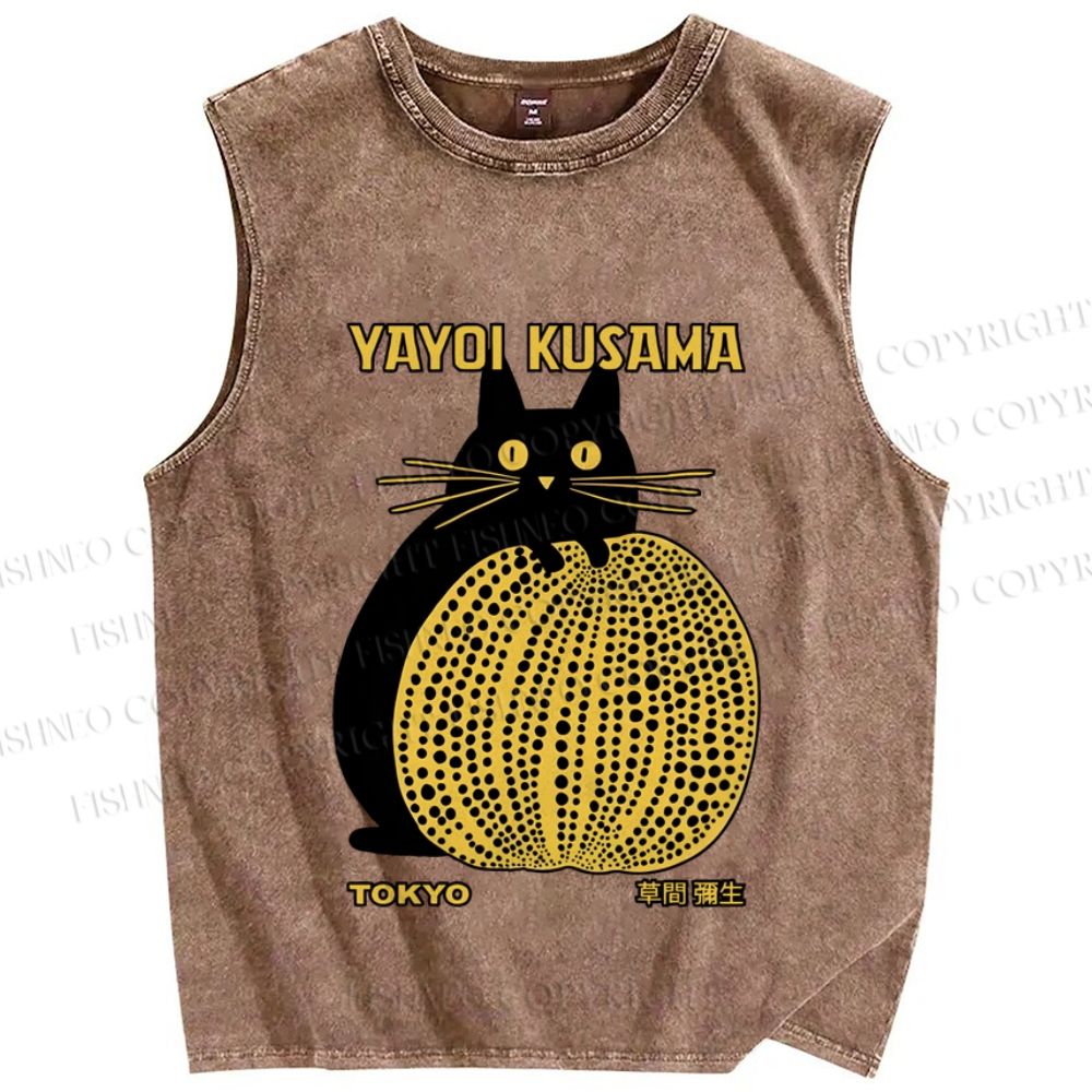 Unisex Japanese Yayoi Kusama Pumpkin Cat Printed Washed Tank Top