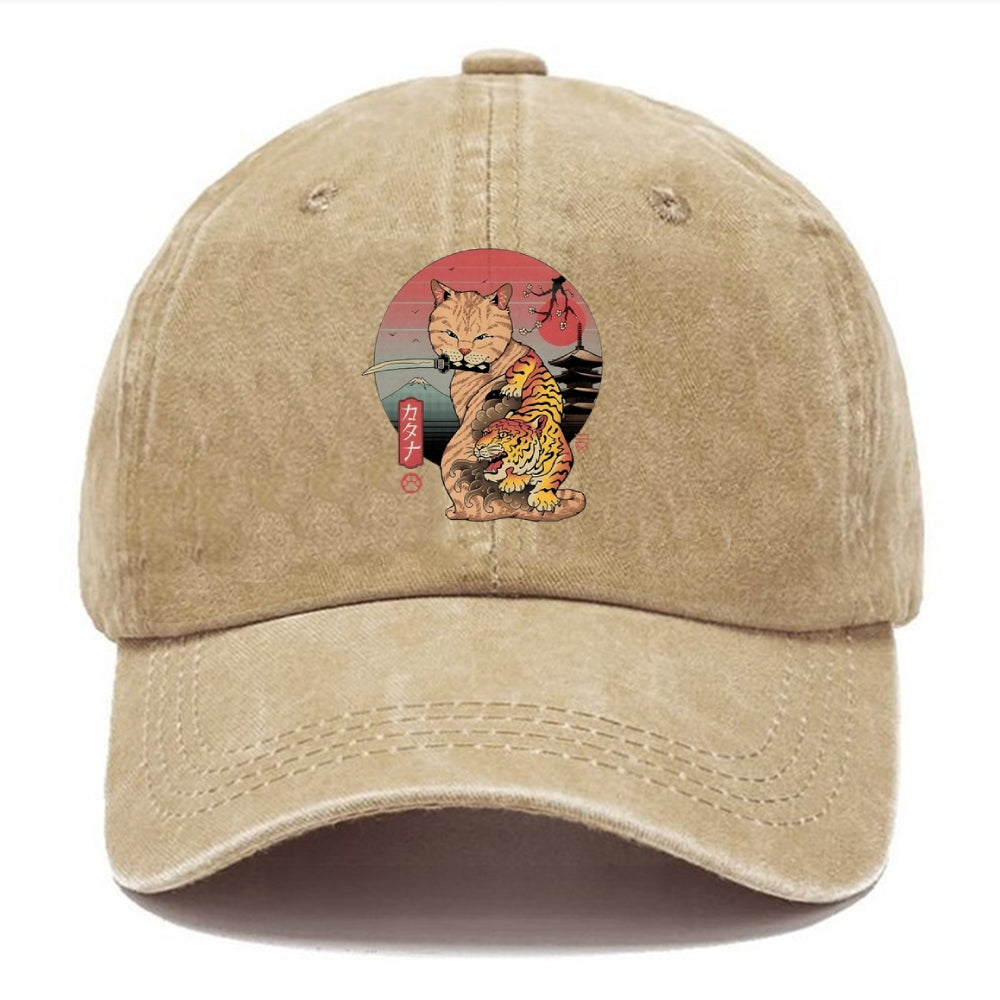 Katana Cat Tattoo Washed Cap