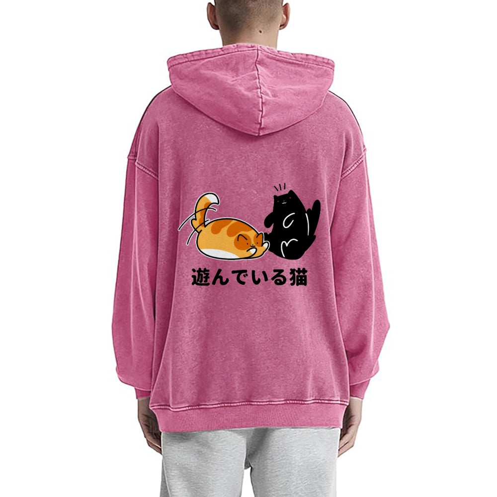 Cat Vintage Washed Cotton Back Art Hoodie