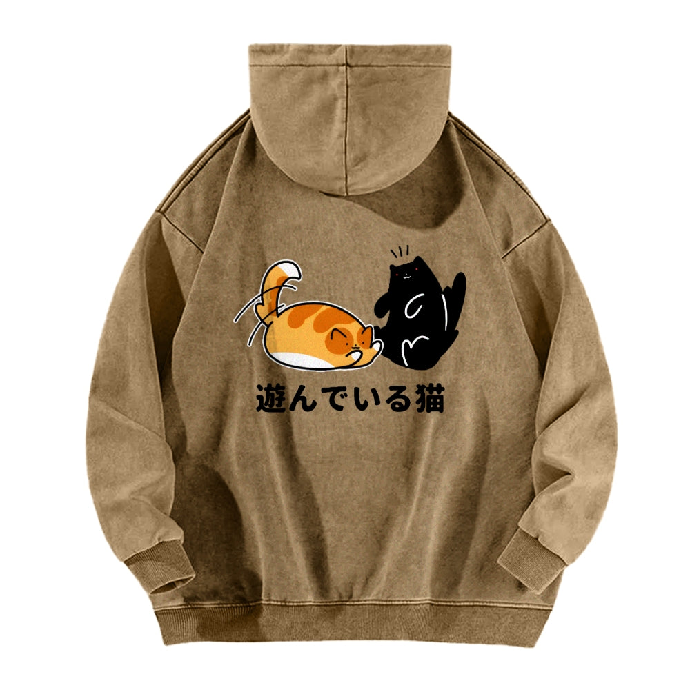 Cat Vintage Washed Cotton Back Art Hoodie