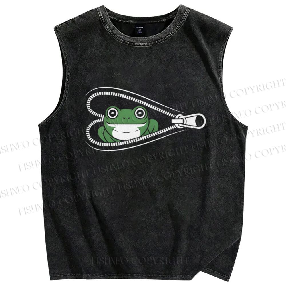Unisex Zipper Frog Printed Washed Tank Top