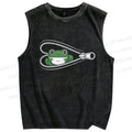Unisex Zipper Frog Printed Washed Tank Top