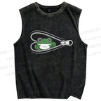 Unisex Zipper Frog Printed Washed Tank Top