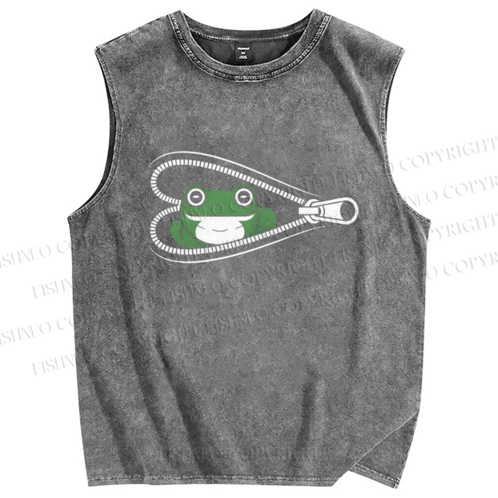 Unisex Zipper Frog Printed Washed Tank Top