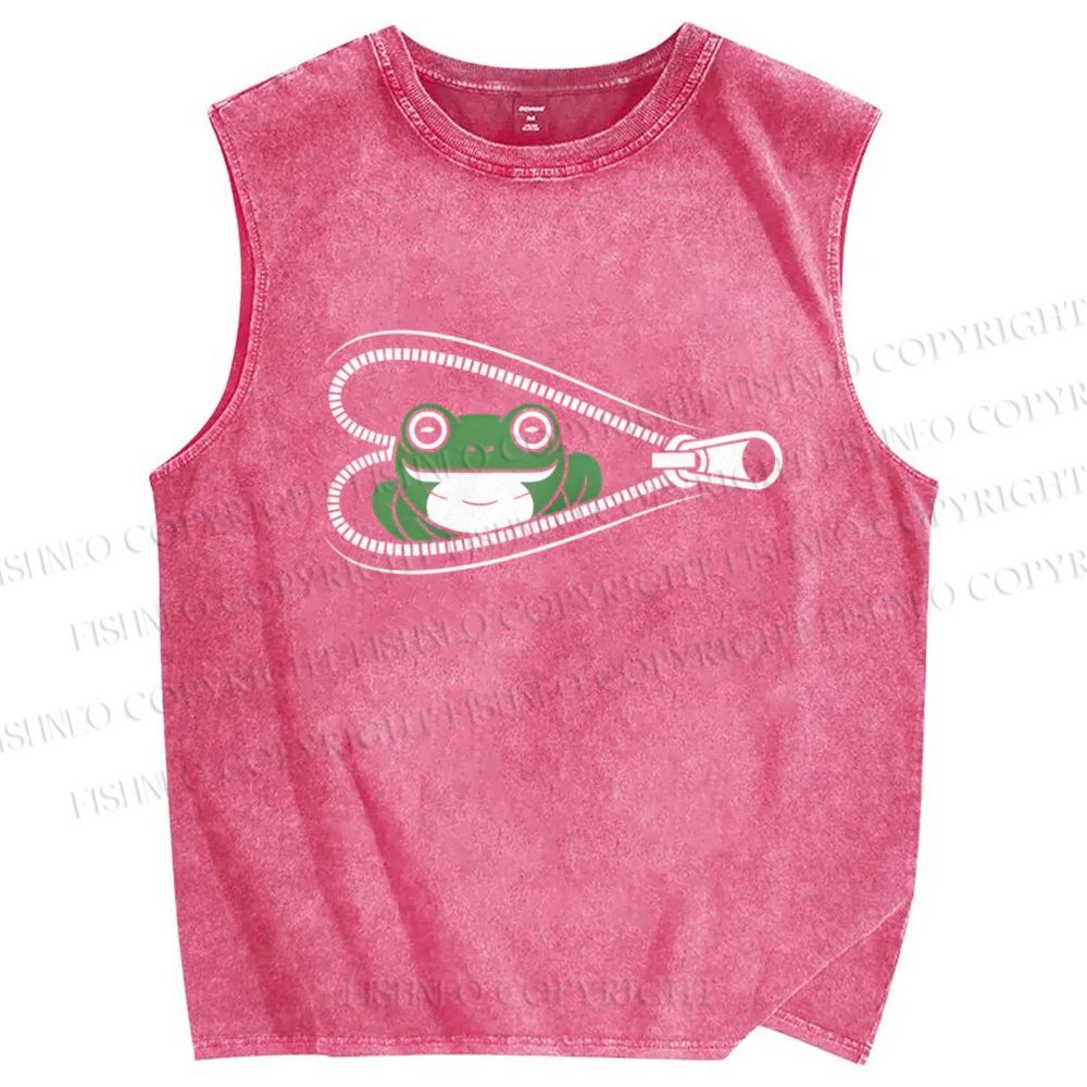 Unisex Zipper Frog Printed Washed Tank Top