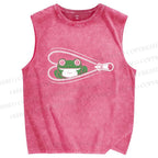 Unisex Zipper Frog Printed Washed Tank Top