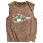 Unisex Zipper Frog Printed Washed Tank Top