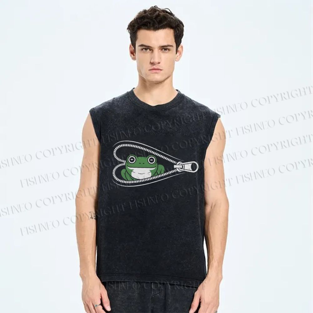 Unisex Zipper Frog Printed Washed Tank Top
