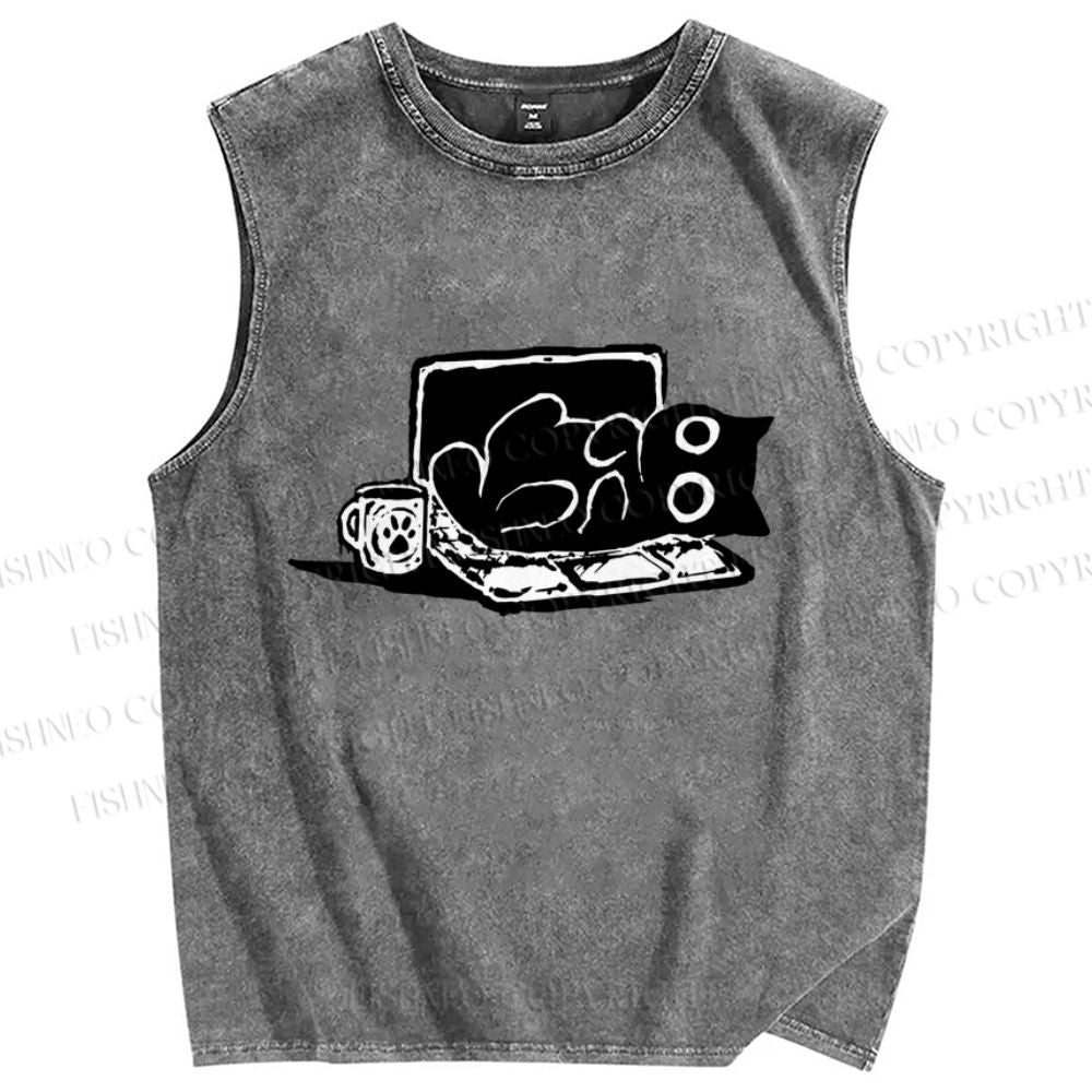 Unisex Reading Cat Printed Washed Tank Top