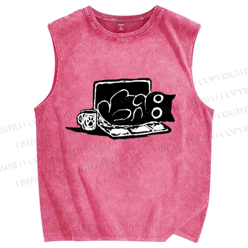 Unisex Reading Cat Printed Washed Tank Top