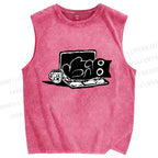 Unisex Reading Cat Printed Washed Tank Top