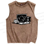Unisex Reading Cat Printed Washed Tank Top