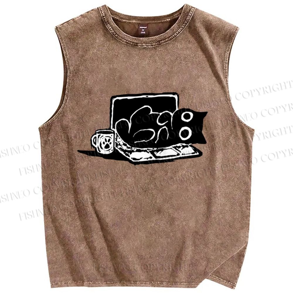 Unisex Reading Cat Printed Washed Tank Top