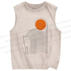 Unisex Geometric Sunrise Cat Printed Washed Tank Top