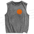 Unisex Geometric Sunrise Cat Printed Washed Tank Top