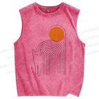 Unisex Geometric Sunrise Cat Printed Washed Tank Top