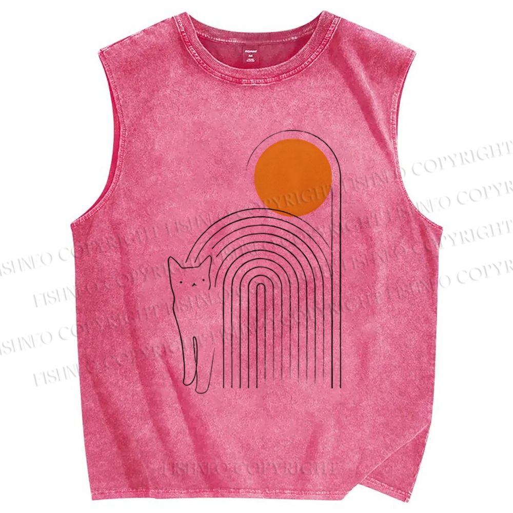 Unisex Geometric Sunrise Cat Printed Washed Tank Top