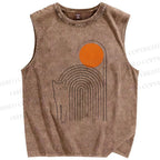Unisex Geometric Sunrise Cat Printed Washed Tank Top