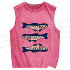 Unisex Sardine Fish Printed Washed Tank Top