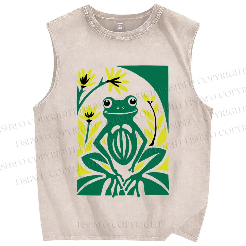 Unisex Vintage Frog Printed Washed Tank Top