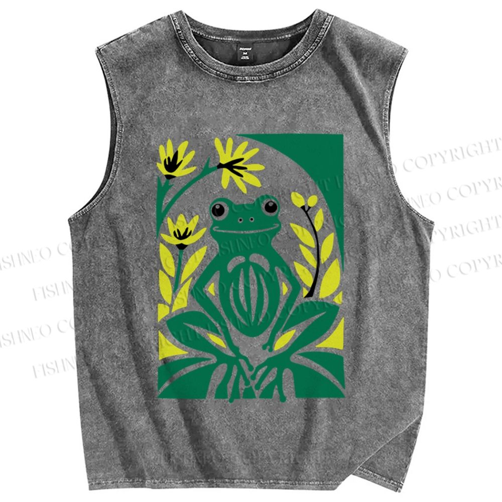 Unisex Vintage Frog Printed Washed Tank Top