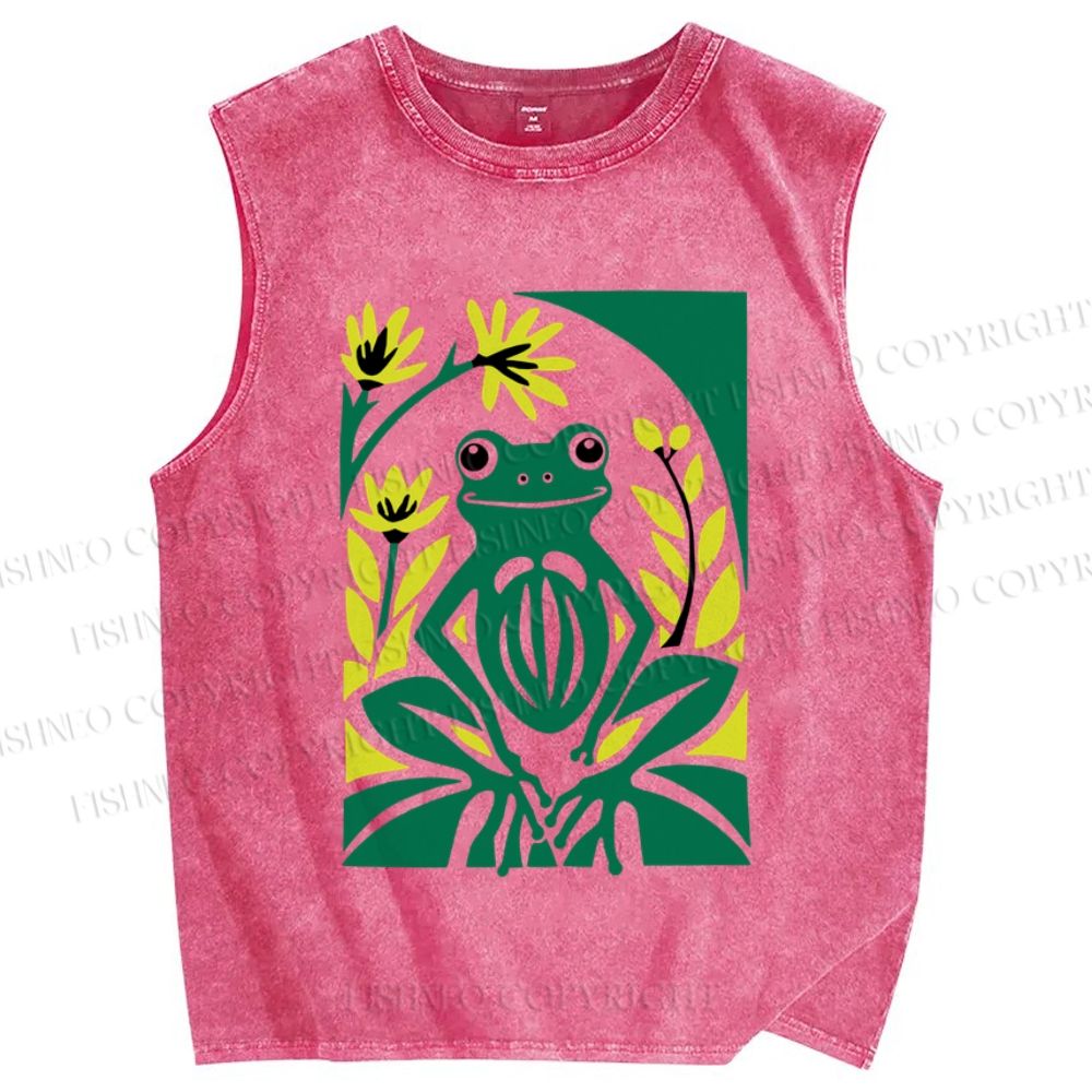 Unisex Vintage Frog Printed Washed Tank Top
