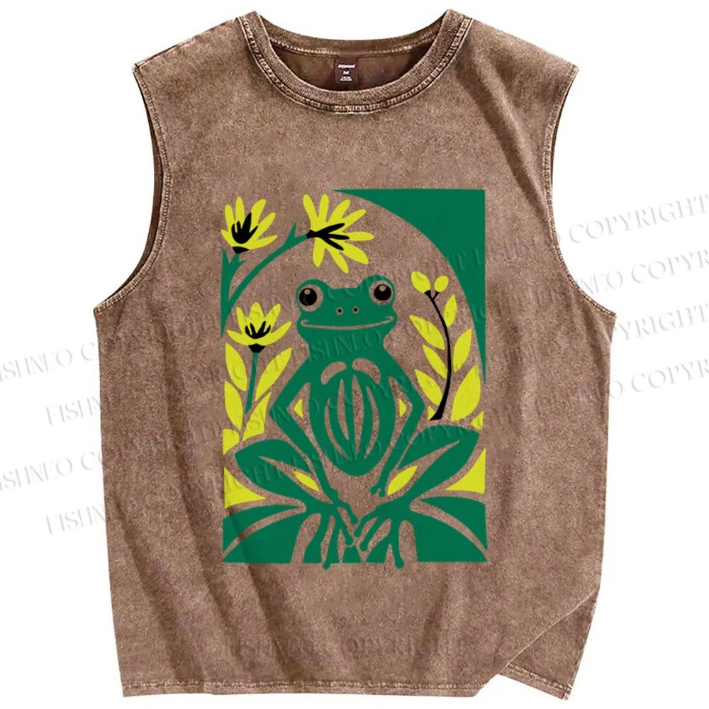 Unisex Vintage Frog Printed Washed Tank Top