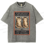Unisex Vintage Cats Having Beer Printed Washed Tee
