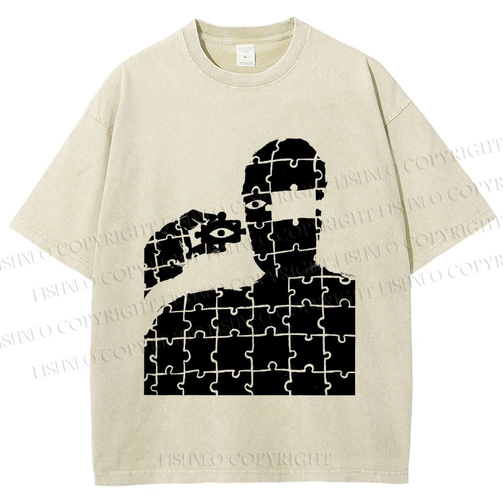 Unisex Vintage Weird Man Puzzle Eye Printed Washed Tee