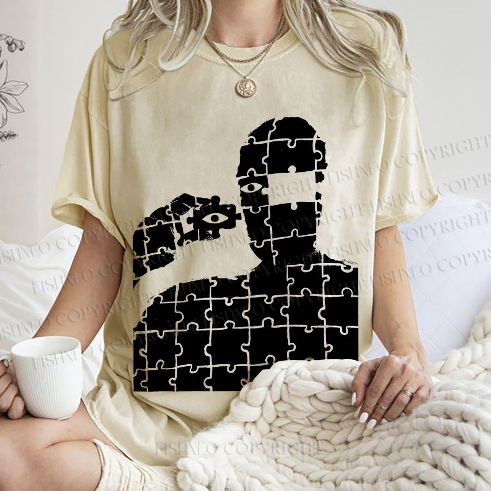 Unisex Vintage Weird Man Puzzle Eye Printed Washed Tee