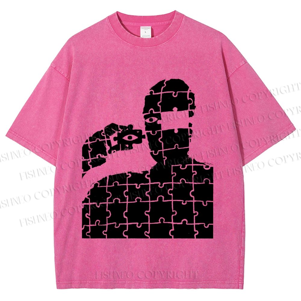 Unisex Vintage Weird Man Puzzle Eye Printed Washed Tee