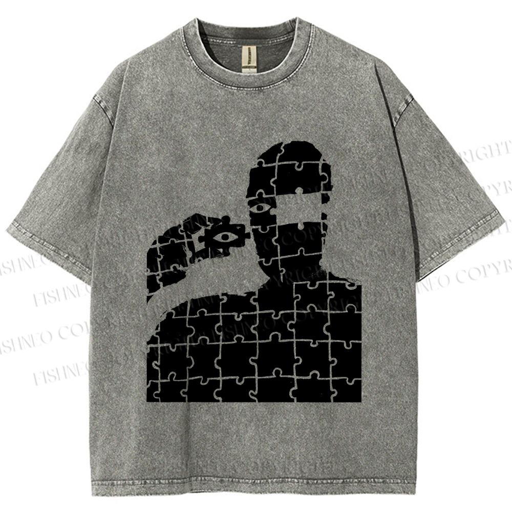 Unisex Vintage Weird Man Puzzle Eye Printed Washed Tee