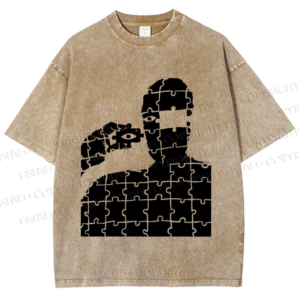 Unisex Vintage Weird Man Puzzle Eye Printed Washed Tee