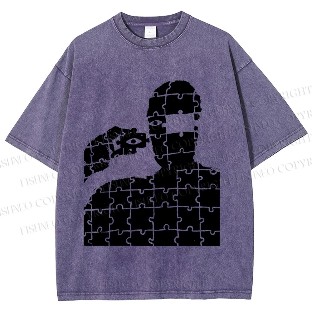 Unisex Vintage Weird Man Puzzle Eye Printed Washed Tee
