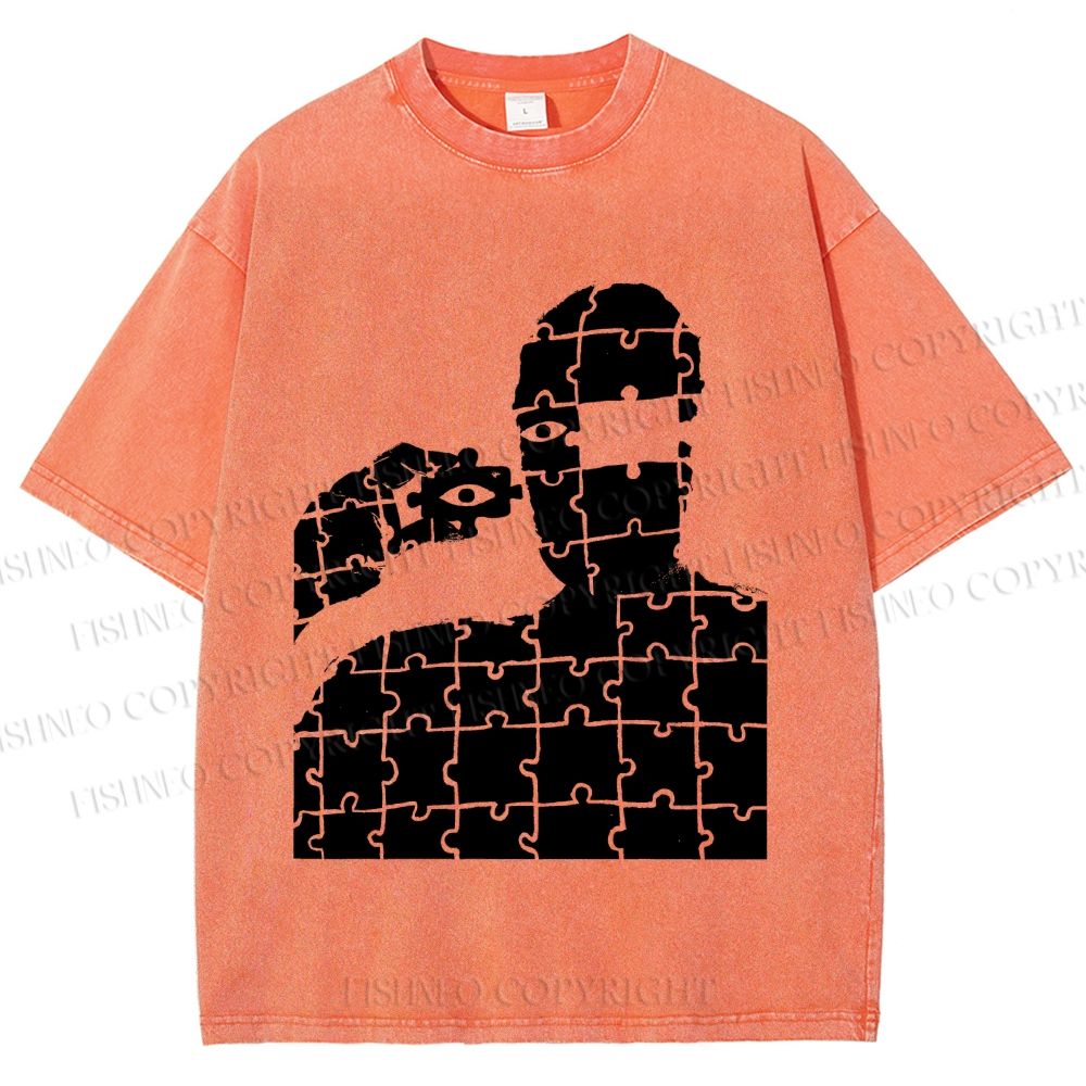 Unisex Vintage Weird Man Puzzle Eye Printed Washed Tee