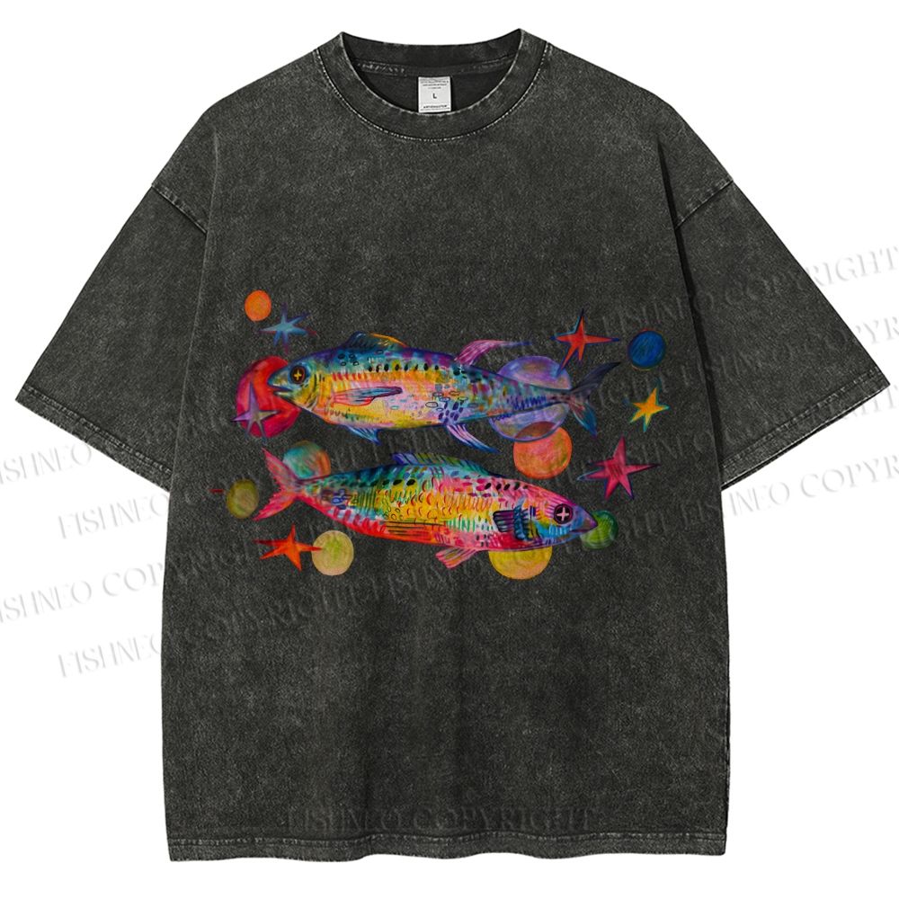 Unisex Vintage Colorful Fish Printed Washed Tee