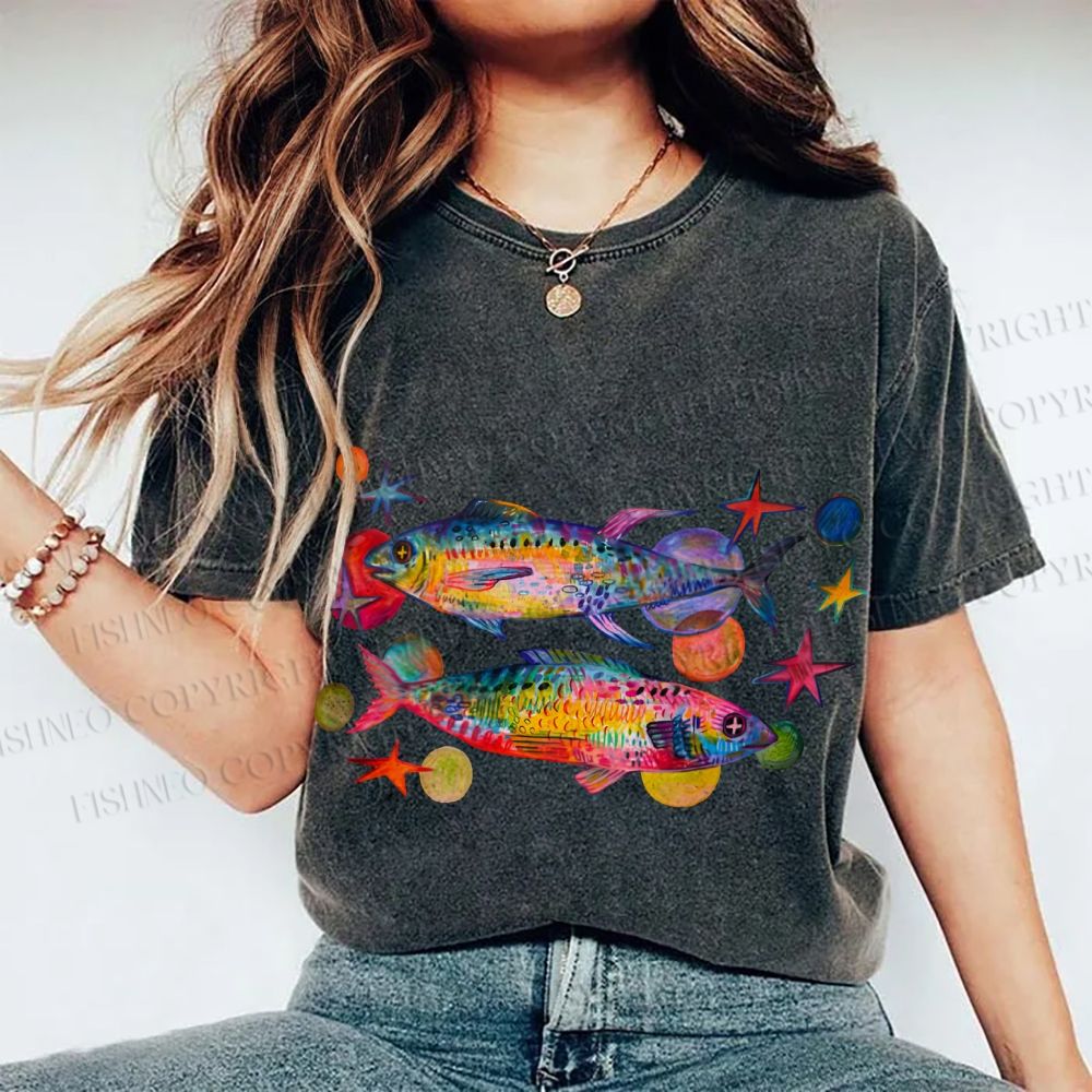 Unisex Vintage Colorful Fish Printed Washed Tee