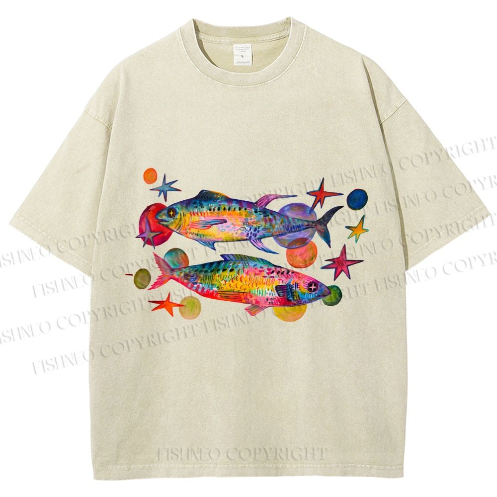 Unisex Vintage Colorful Fish Printed Washed Tee