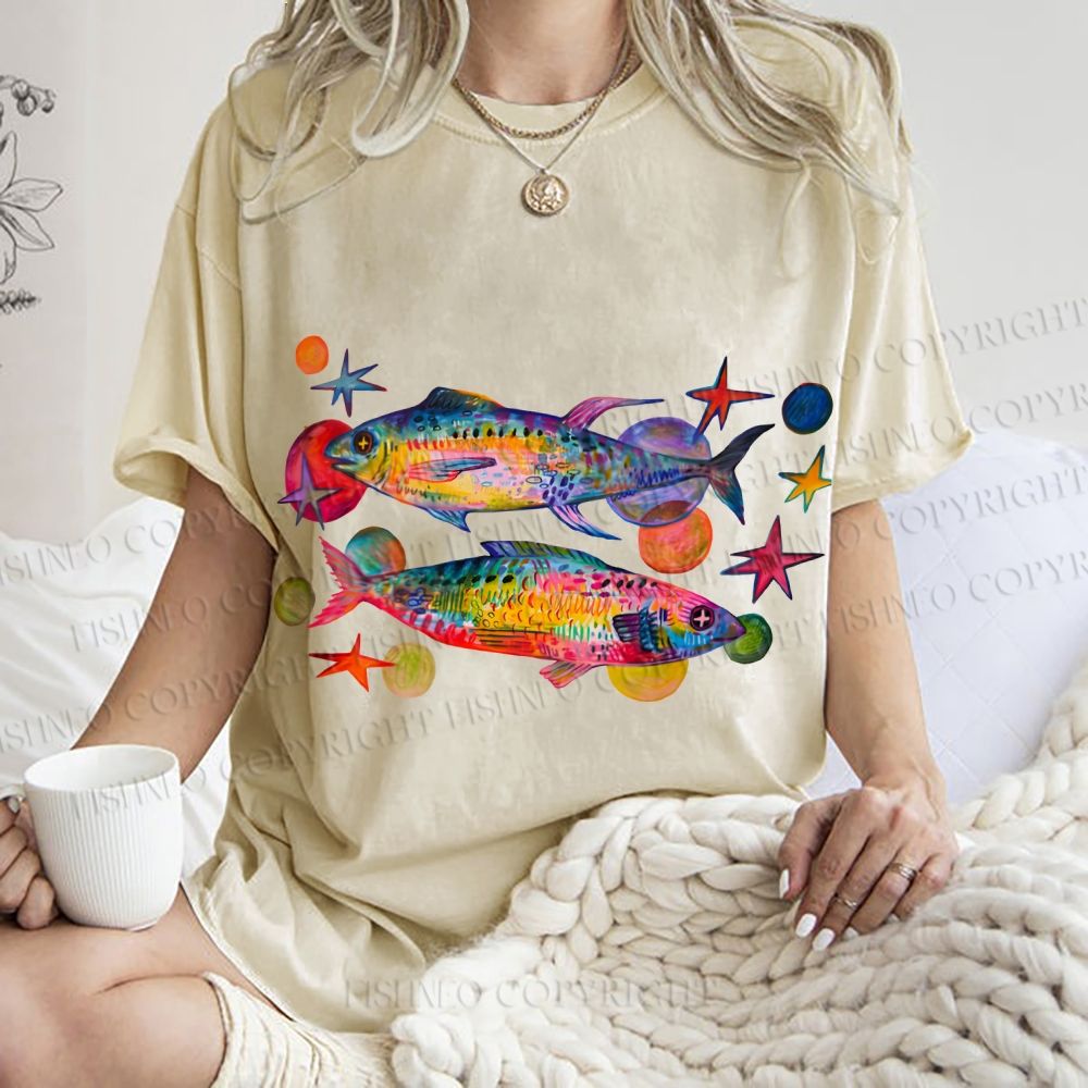 Unisex Vintage Colorful Fish Printed Washed Tee