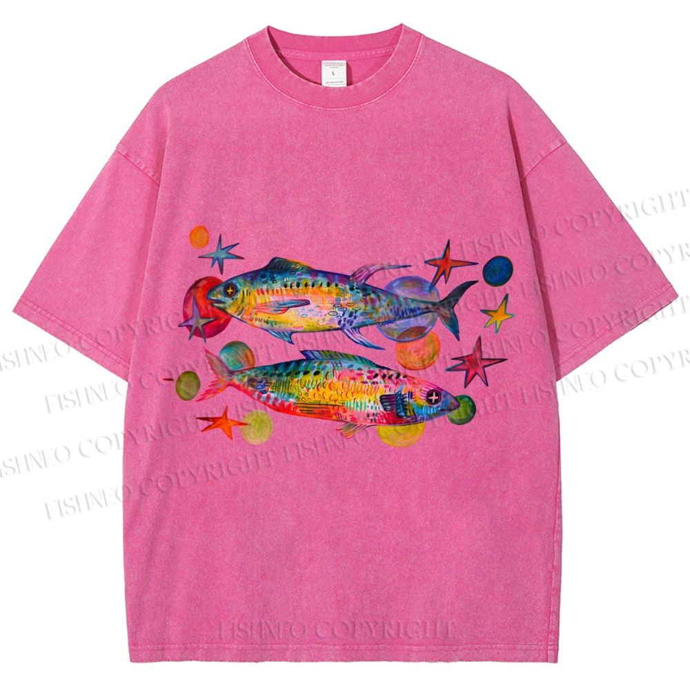 Unisex Vintage Colorful Fish Printed Washed Tee