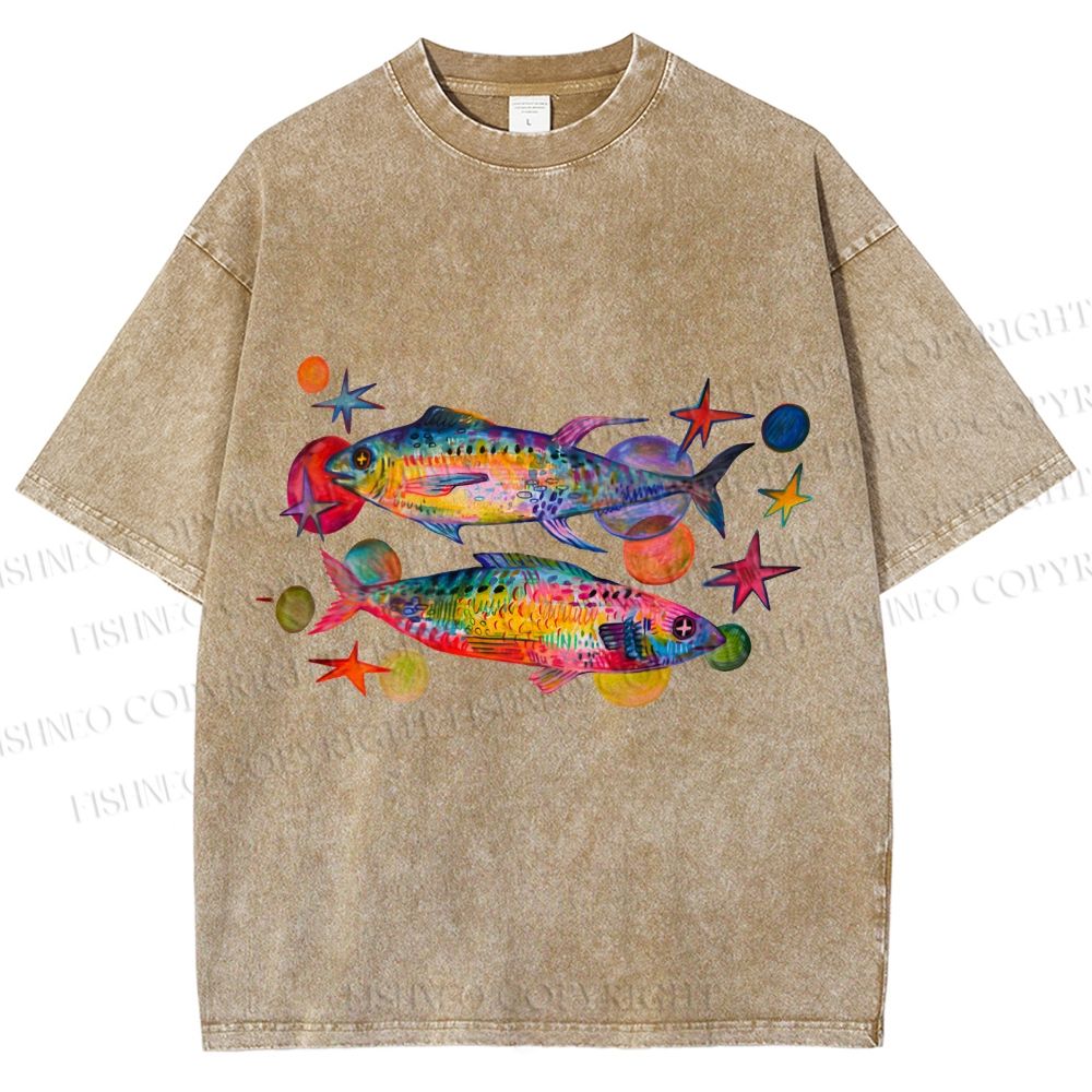 Unisex Vintage Colorful Fish Printed Washed Tee