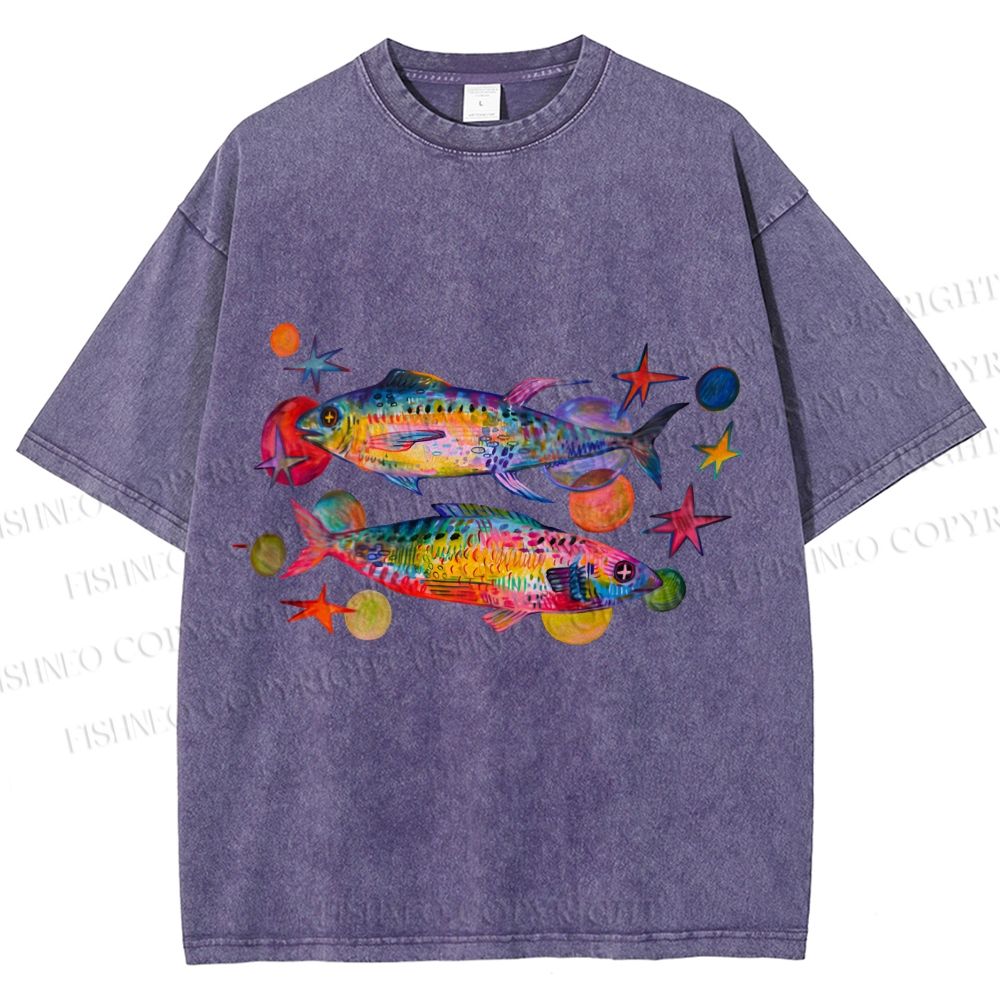 Unisex Vintage Colorful Fish Printed Washed Tee