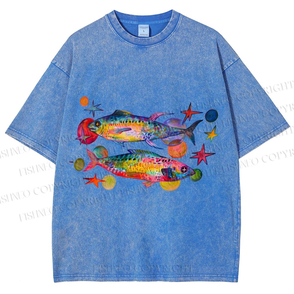 Unisex Vintage Colorful Fish Printed Washed Tee