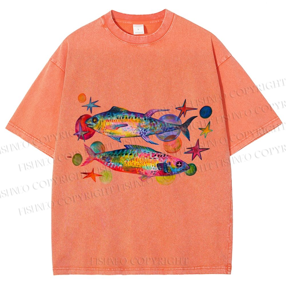 Unisex Vintage Colorful Fish Printed Washed Tee