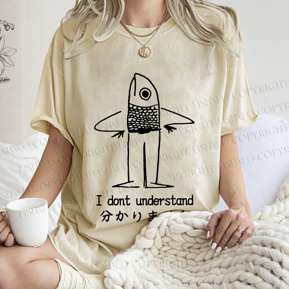 Unisex Vintage Japanese I dont Understand Fish Printed Washed Tee