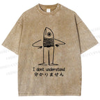 Unisex Vintage Japanese I dont Understand Fish Printed Washed Tee