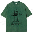 Unisex Vintage Japanese I dont Understand Fish Printed Washed Tee