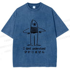 Unisex Vintage Japanese I dont Understand Fish Printed Washed Tee