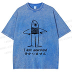 Unisex Vintage Japanese I dont Understand Fish Printed Washed Tee