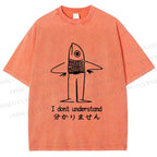 Unisex Vintage Japanese I dont Understand Fish Printed Washed Tee